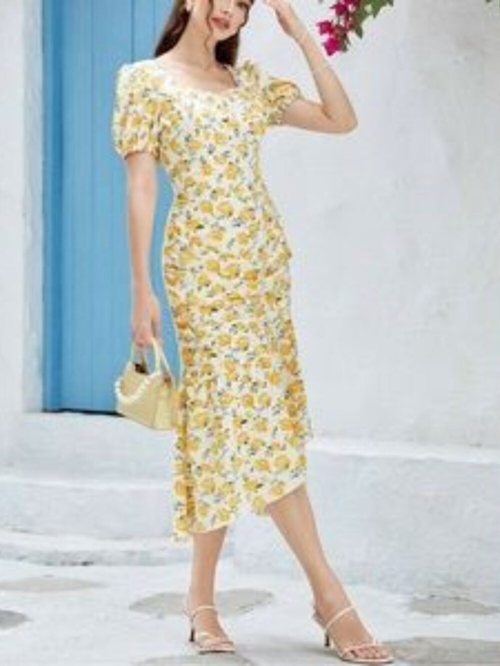 Santorini Yellow Floral Print Ruched Ruffle Hem Dress